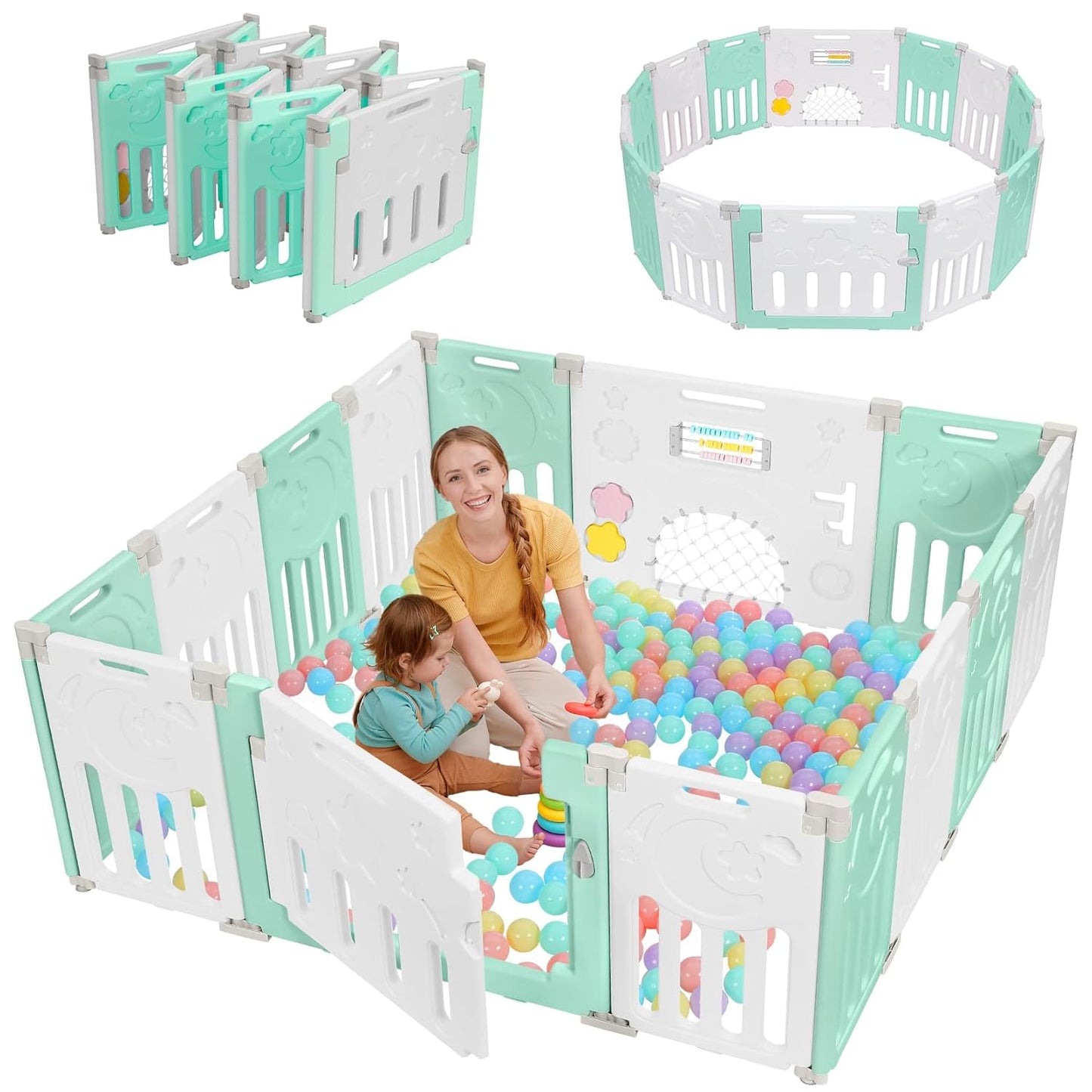 Baby Playpen, Dripex Baby Playard for Babies and Toddlers, 14-Panel Foldable Playpen Adjustable Portable Play Area, Indoor/Outdoor Kids Active Center with Game Panel & Safety Gate, Grey White
