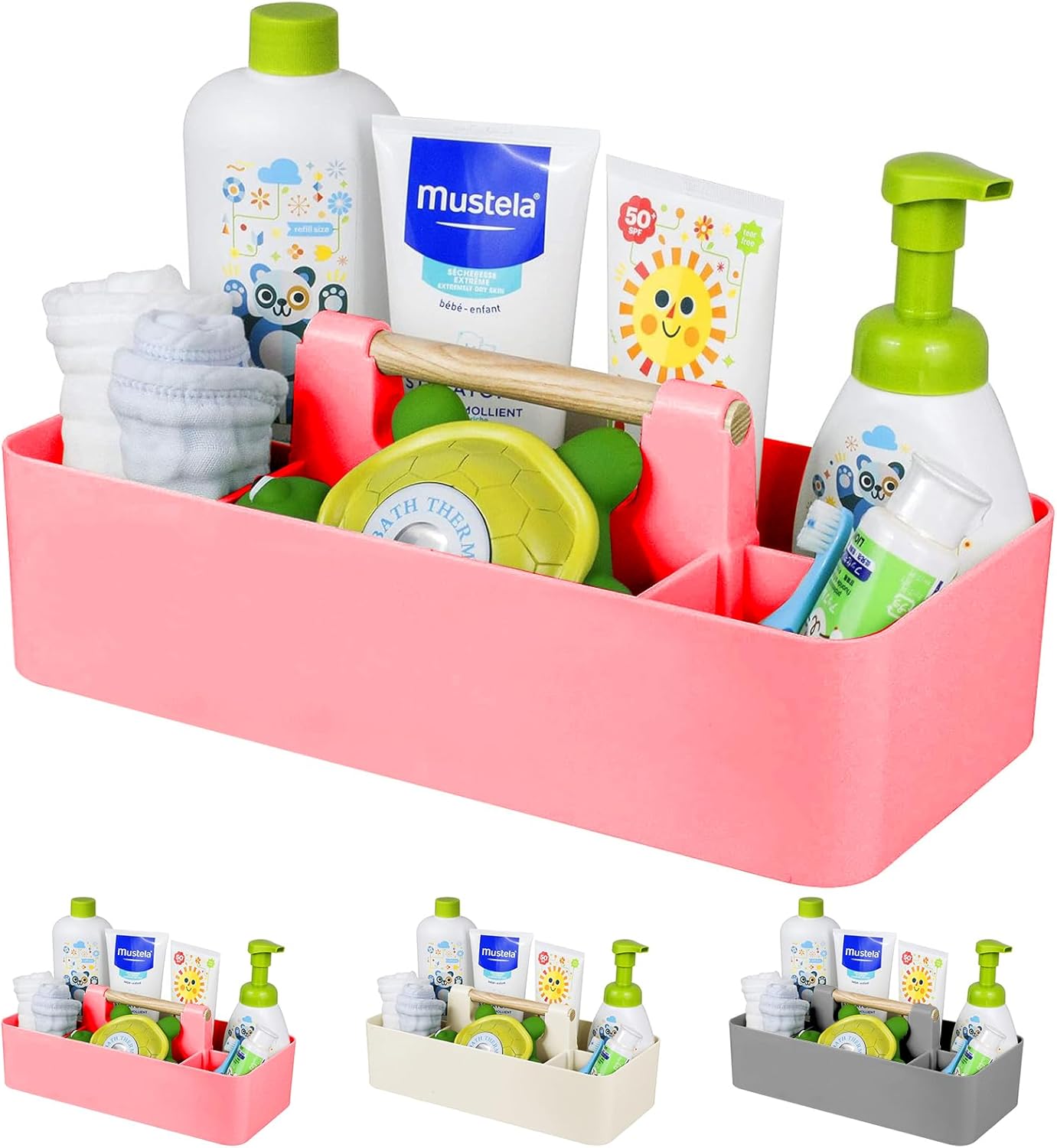 Baby Shower Caddy Plastic Nursery Portable Storage Organizer Caddy Tote for Child/Kids, Divided Basket Bin with Wood Handle for Bathroom, Dorm Room, Holds Hand Soap, Bottles, Spoons (Beige)