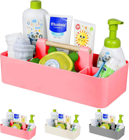 Baby Shower Caddy Plastic Nursery Portable Storage Organizer Caddy Tote for Child/Kids, Divided Basket Bin with Wood Handle for Bathroom, Dorm Room, Holds Hand Soap, Bottles, Spoons (Beige)