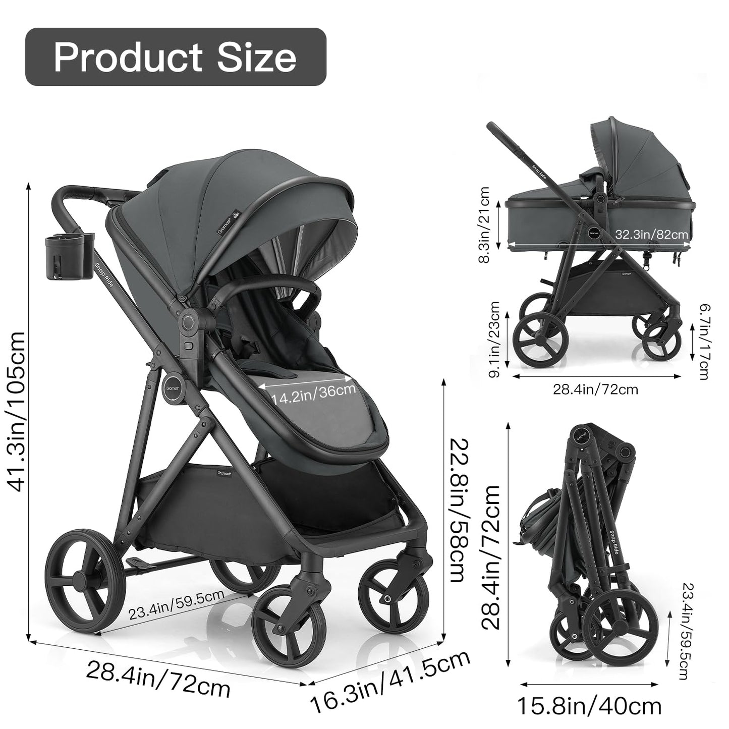 Gromast 3-in-1 Baby Stroller, Convertible Stroller for Newborn Infant Toddler with Reversible Seat, UPF 50+ Canopy & Cup Holder - Black