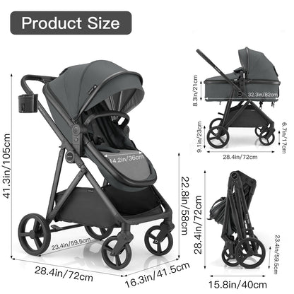 Gromast 3-in-1 Baby Stroller, Convertible Stroller for Newborn Infant Toddler with Reversible Seat, UPF 50+ Canopy & Cup Holder - Black
