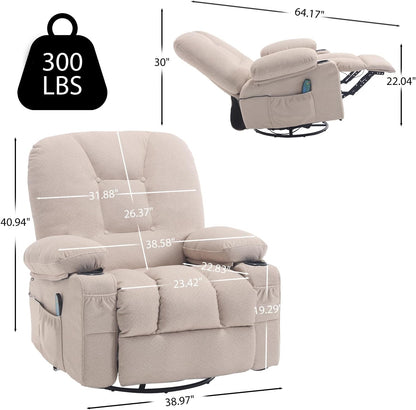Rocker Recliner Chair with Massage and Heat, Oversized Rocking Nursery Recliners Overstuffed Swivel Glider with Cup Holder, Fabric Manual Single Sofa for Living Room, Beige
