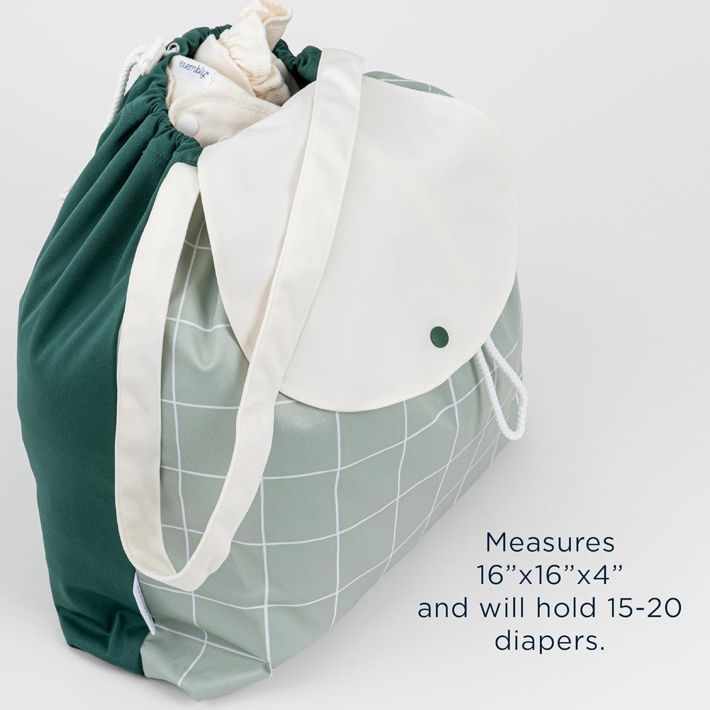 Esembly Day Bag – Reusable Wet and Dry Bag Made From Recycled Fabric With Dual Waterproof Compartments for Cloth Diapers, Swimsuits, Toiletries, and Snacks - Verdant Gingham