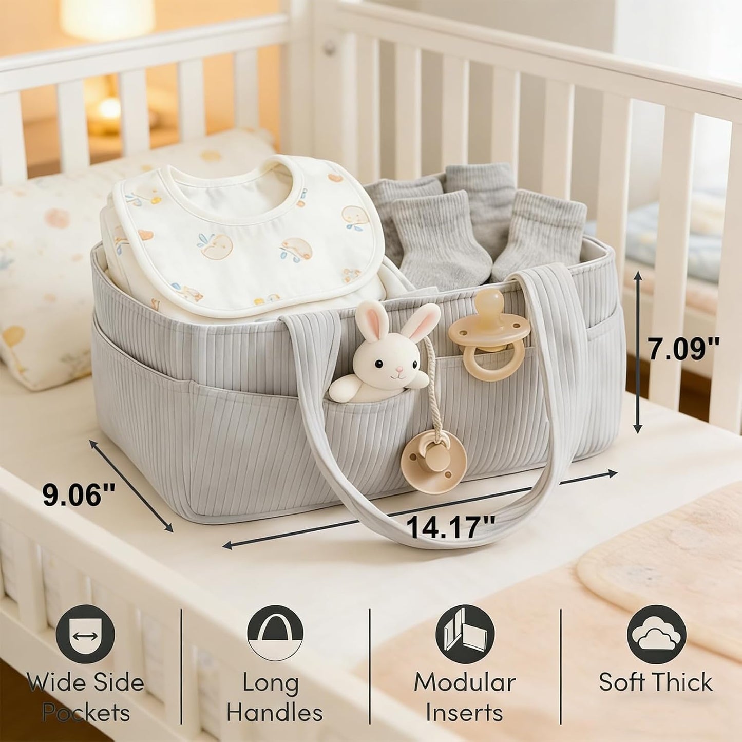SVNR Baby Diaper Caddy Organizer - 14x9x7 Inch Corduroy Nursery Storage Baske with Removable Dividers, Baby Registry Must Haves, Portable Baby Changing Station for Essentials, Corduroy Cream