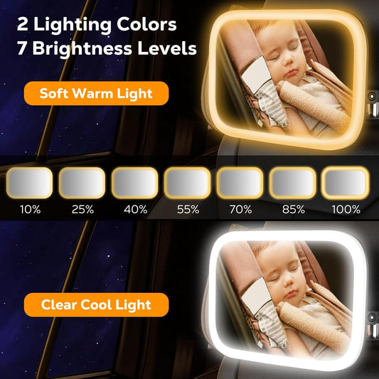 MoKo Baby Car Mirror with Light, Shatterproof Car Seat Mirror for Baby Rear Facing with Remote, 360°Rotation Rechargeable Carseat Mirrors Rear Facing, Anti-Shaked Hook Clip Design,Clear Vison