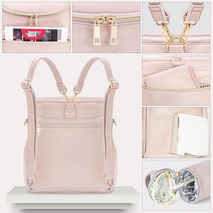 Minsong Diaper Bag Backpack, Fashion Leather Mommy Backpacks, Travel Baby Diaper Bags with in Bag Organizer and Changing Pad (Pink)