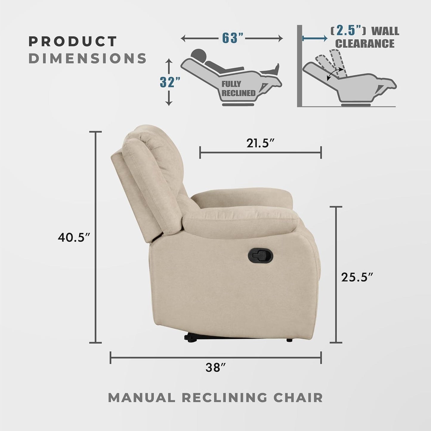Lexicon Manual Glider Recliner Sofa Chair, Home Theater Seating, Wall Hugger Manual Reclining Nursery Chair for Bedroom/Living Room/Office/Apartment, Grey Chenille