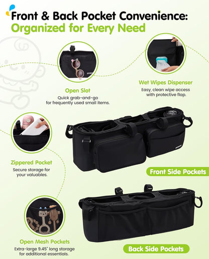Double Stroller Organizer with 11 Compartment for Bob Duallie, Baby Jogger City Mini GT2, Double Jogging Stroller Caddy, Jeep, Zoe Stroller Accessories with 2 Insulated Pocket, Parent Console