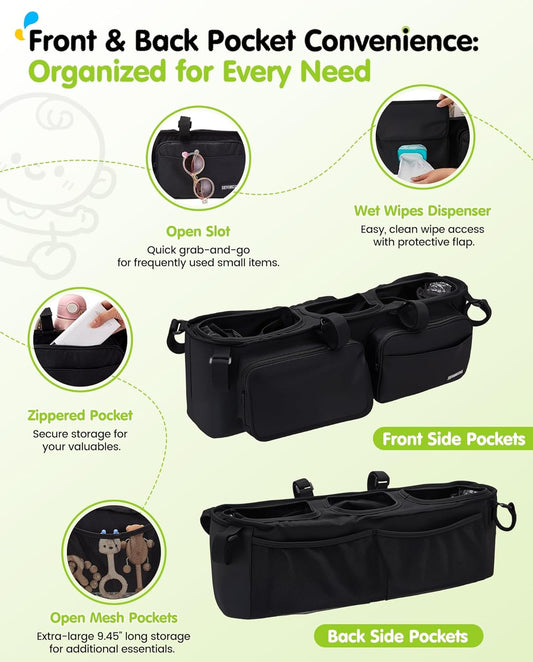 Double Stroller Organizer with 11 Compartment for Bob Duallie, Baby Jogger City Mini GT2, Double Jogging Stroller Caddy, Jeep, Zoe Stroller Accessories with 2 Insulated Pocket, Parent Console