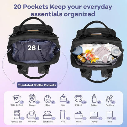 RUVALINO Diaper Bag Backpack, Multifunction Travel Pack Maternity Baby Changing Bags, Large Capacity, Waterproof, Black