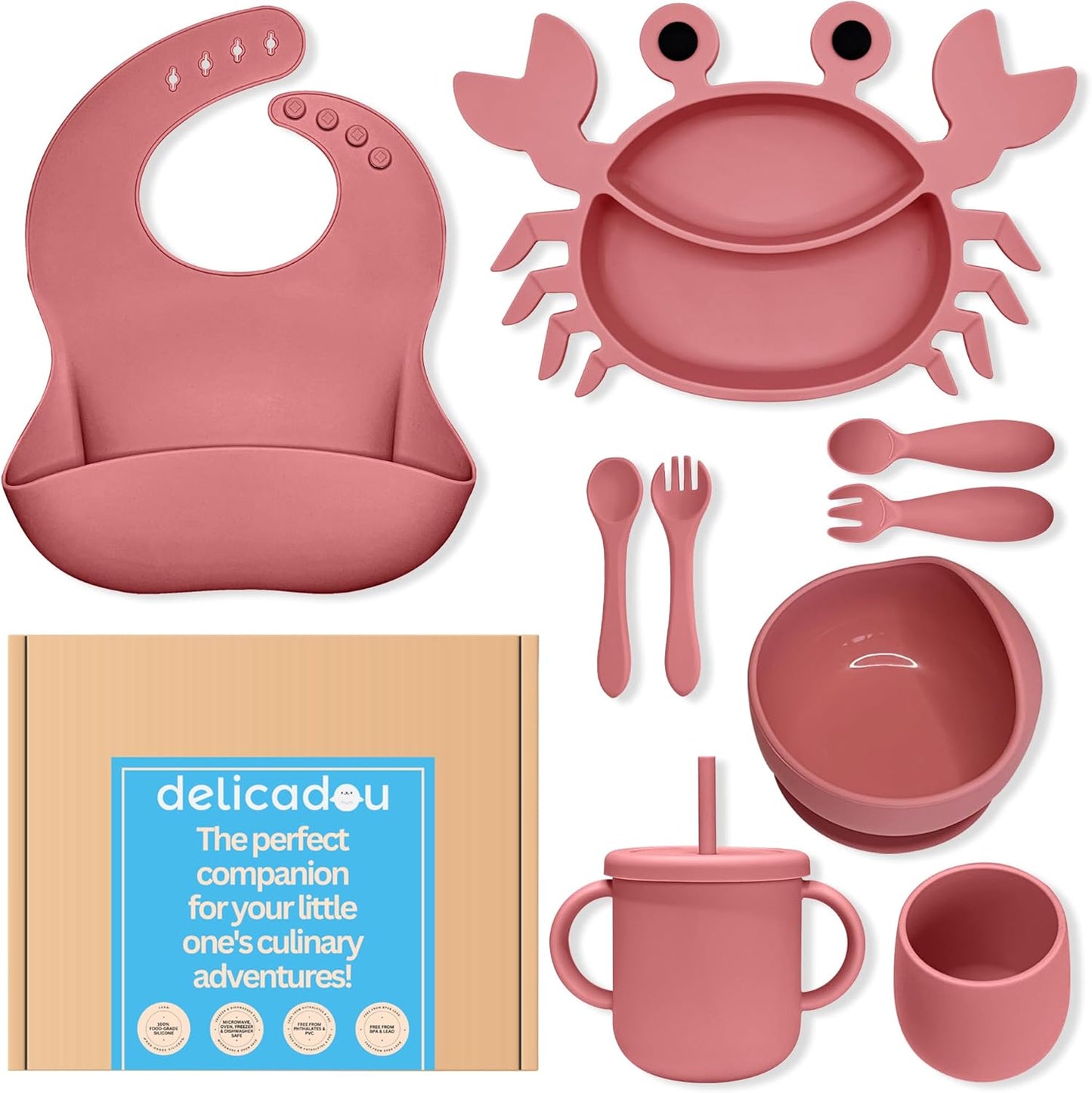 Silicone Baby Feeding Set - 9 Pieces - First Stage Solid Food Eating Baby Utensils - 6+ Months - Crab Shape