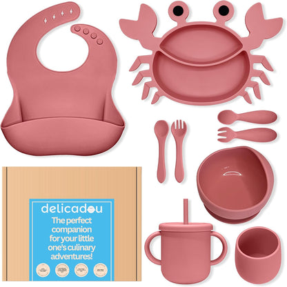 Silicone Baby Feeding Set - 9 Pieces - First Stage Solid Food Eating Baby Utensils - 6+ Months - Crab Shape