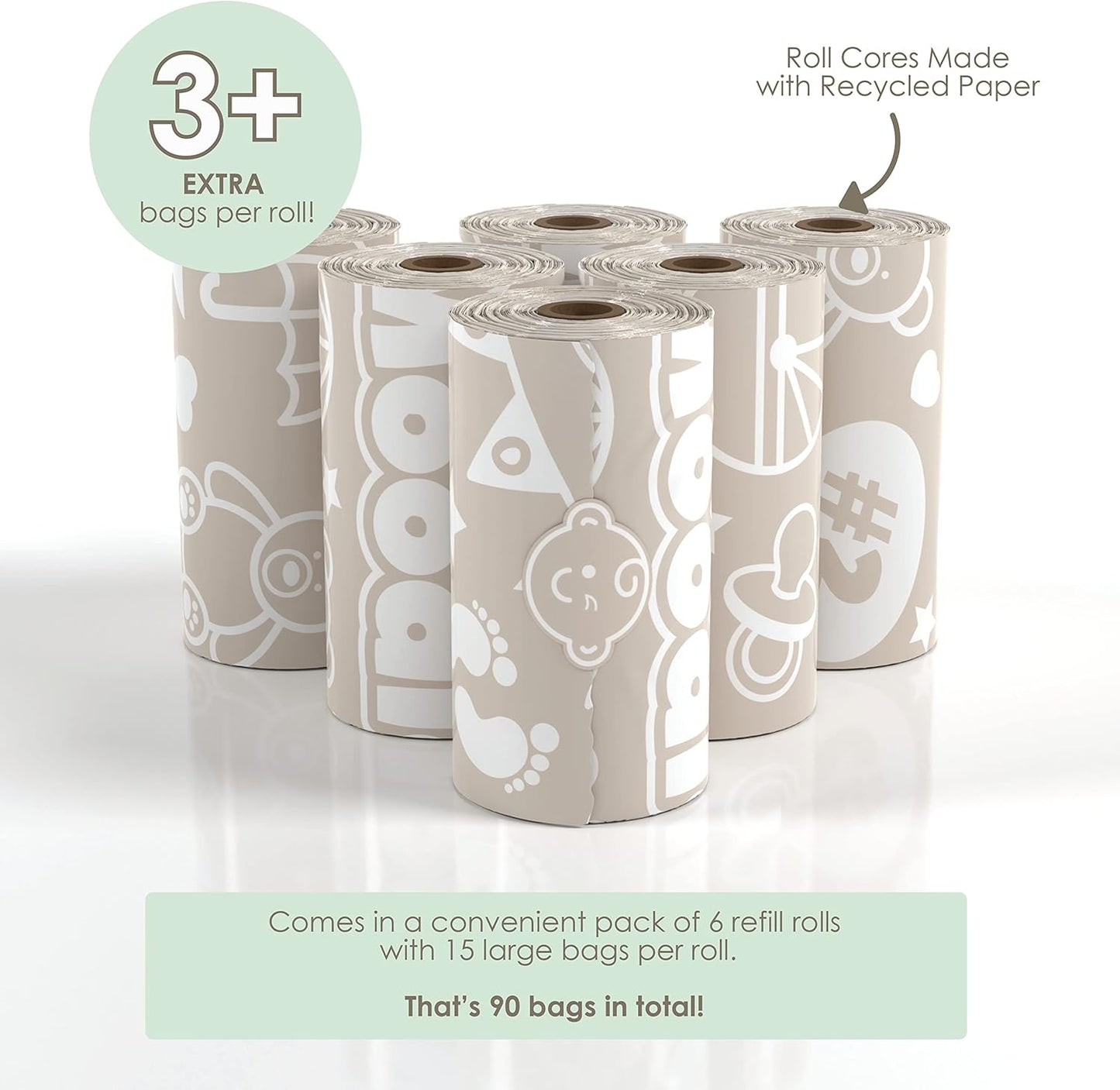 Disposable Diaper Bags (90 BAGS in TOTAL) | NON-SCENTED Dirty Diaper Disposal Baggies (6 Refill Rolls 9 x 13in) | Leak Proof Nappy Trash Bags on the Go | Baby Poop Bags | Travel Diaper Bags Refill