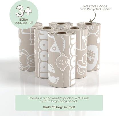 Disposable Diaper Bags (90 BAGS in TOTAL) | NON-SCENTED Dirty Diaper Disposal Baggies (6 Refill Rolls 9 x 13in) | Leak Proof Nappy Trash Bags on the Go | Baby Poop Bags | Travel Diaper Bags Refill
