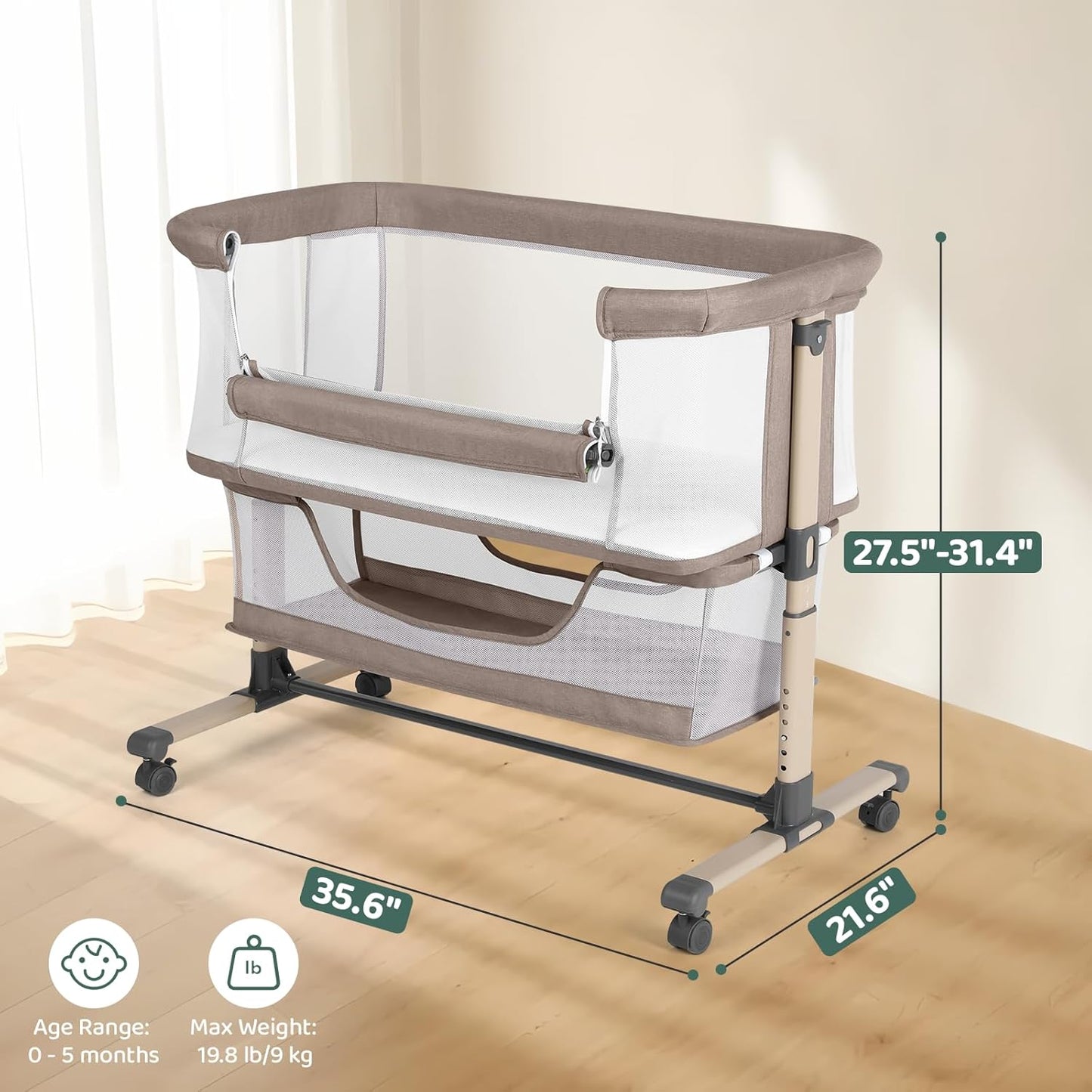 Cowiewie Bassinet Bedside Sleeper, Portable, Breathable, Adjustable Baby Bedside Bassinet for Peaceful Nights, Light Grey