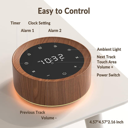White Noise Machine with Alarm Clock & Night Light for Babies and Adults, 20 Soothing Sounds, Glare-Free Upward Display, Touch Control, Memory Function, 5 Sleep Timers, Black