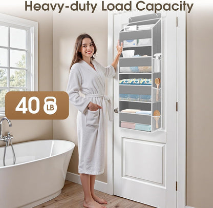 SpaceHacks 1 Pack Over The Door Organizer, Hanging Storage Organizer with Clear Window, 40lb Ultra Sturdy Large Capacity Room Organizer for Pantry Laundry Bathroom Nursery Closet Baby Essential (Grey)