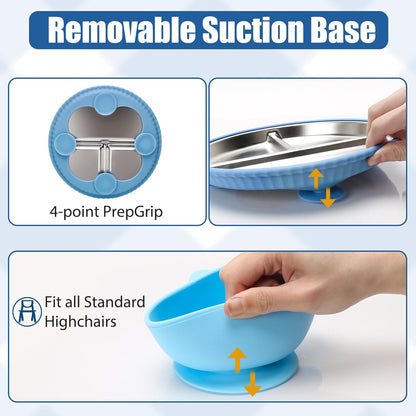 MISSLILI Stainless Steel Baby Plate and Bowls with Suction, Divided Kids Baby Plate and Toddler Bowl with Removable Silicone Suction, Non-Slip Baby Feeding Set Dishwasher Safe，4 Packs