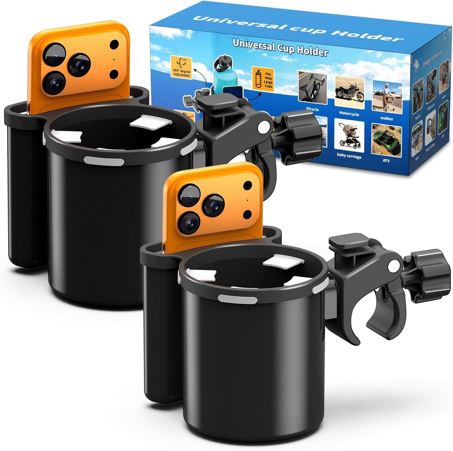 Universal Clamp-on 2-in-1 Cup Holder & Phone Holder for Stroller, Walker, Wheelchair, Fits 12oz-40oz Drinks, Multifunctional Storage Organizer