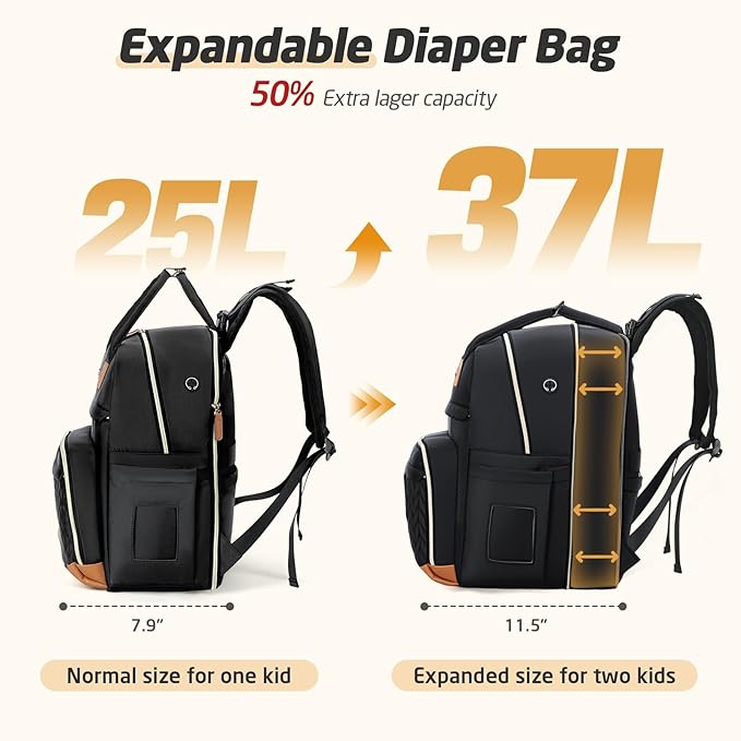 Diaper Bag Backpack - Extra Large Diaper Backpack for 2 Kids Twin, Travel Baby Bags for Mom Dad 25-37L Expandable with Changing Pad, Quilted Pure Black