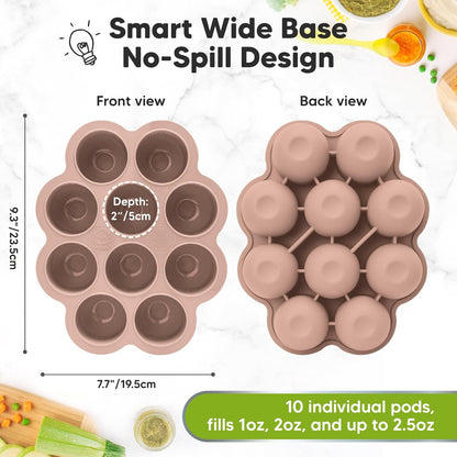 KeaBabies Silicone Food Freezer Trays with Lid, 2oz x 10 Pods Baby Food Storage Containers, Easy Puree Meal Prep, Breast Milk Silicone Freezer Molds, Dishwasher, Microwave Safe, BPA-Free (Chai Latte)