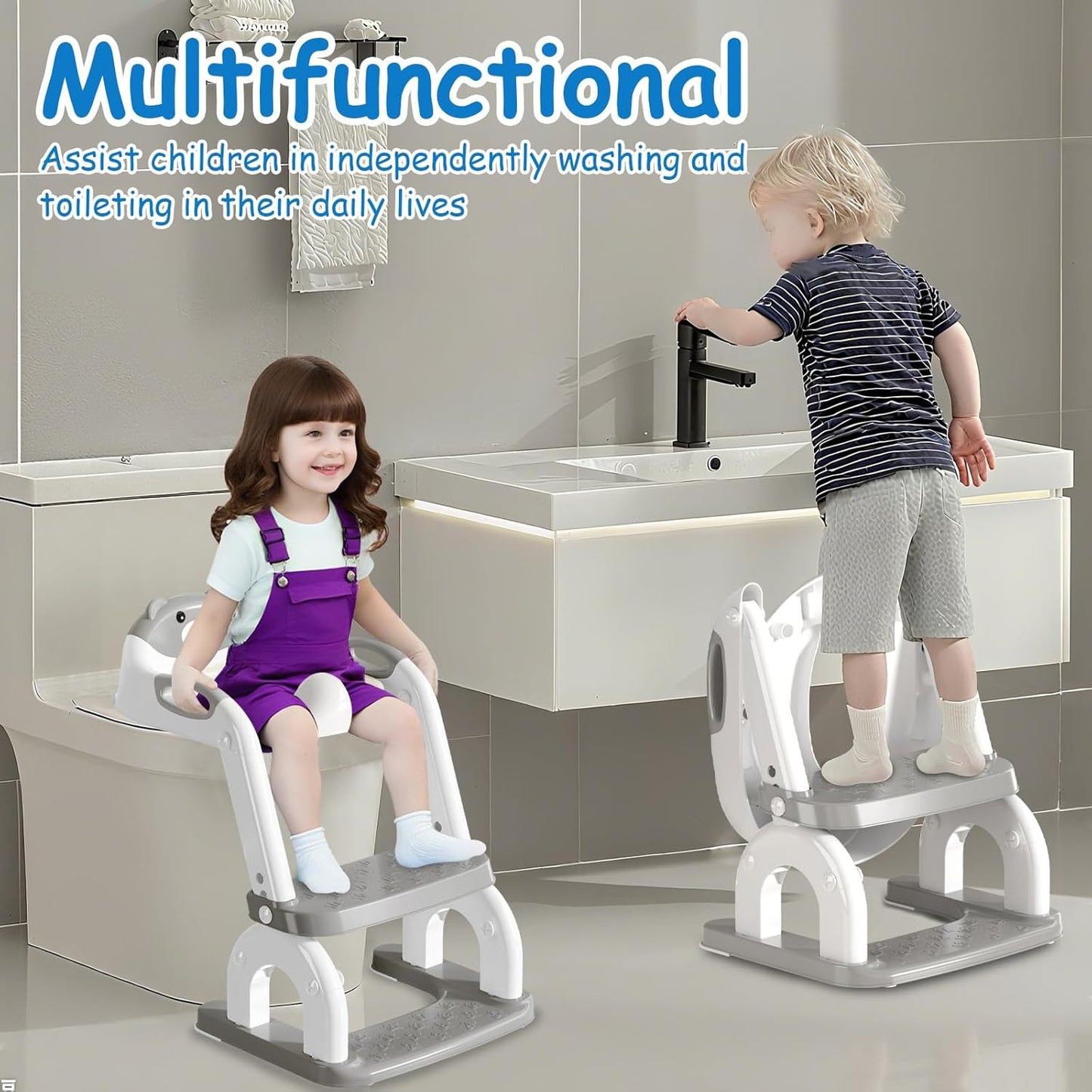 Potty Training Seat with Step Stool for Toddlers - Upgrade 2-in-1 Toilet Seat Toilet Ladder for Kids Children Boys Girls, Anti-Slip Pad & Adjustable Height with Waterproof - Pink