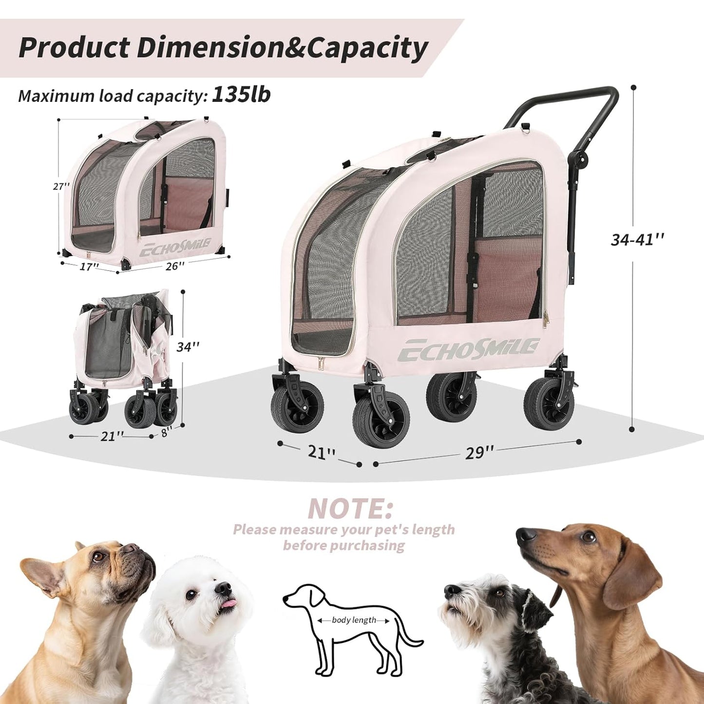 EchoSmile 4 Wheels Pet Stroller, Dog & Cat Stroller for All-Season, Lightweight Carrier with Storage Basket, Adjustable Handle, Removable Pad, Breathable Mesh, Up to 135 lbs, Grey