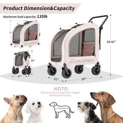 EchoSmile 4 Wheels Pet Stroller, Dog & Cat Stroller for All-Season, Lightweight Carrier with Storage Basket, Adjustable Handle, Removable Pad, Breathable Mesh, Up to 135 lbs, Grey