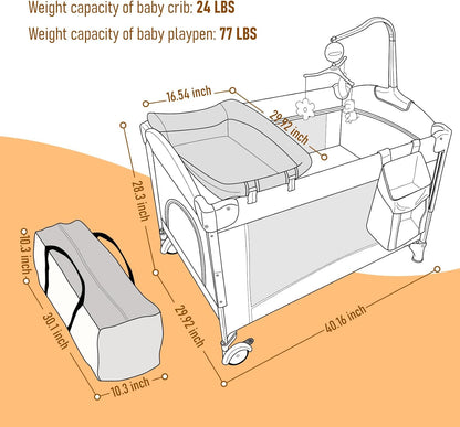 Jaoul 5 in 1 Baby Crib, Bassinet Beside Sleeper, Pack and Play with Bassinet and Changing Table Portable Travel Baby Playpen with Toys & Music Box, Mattress for Girl Boy Infant Newborn