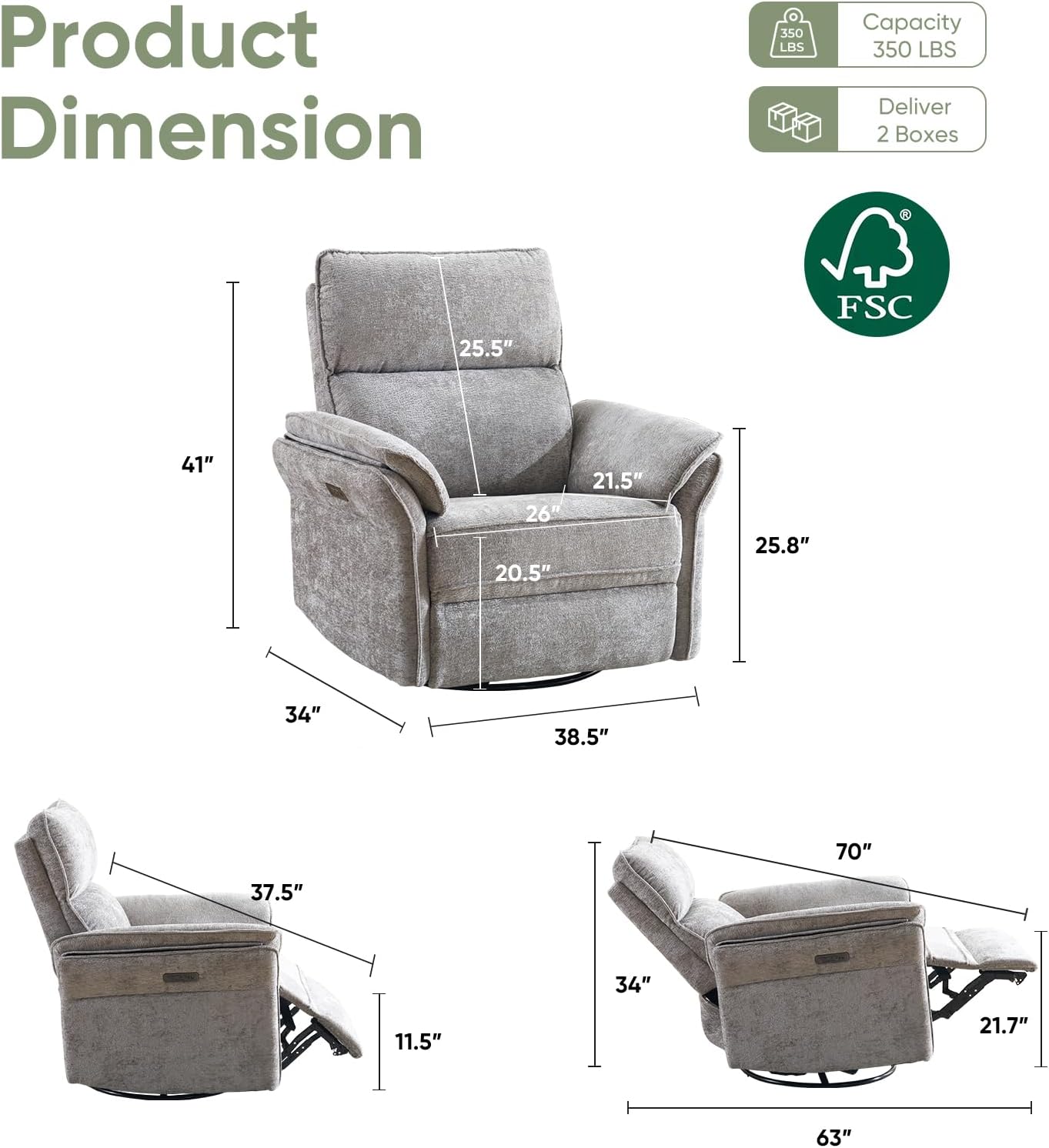 Oversized Glider Rocker Recliner, 26" Extra Wide 360° Swivel Nursery Recliner with Adjustable Headrest, Chenille Rocking Nursery Chair with Overstuffed Armrest, Lumbar Support, Light Grey