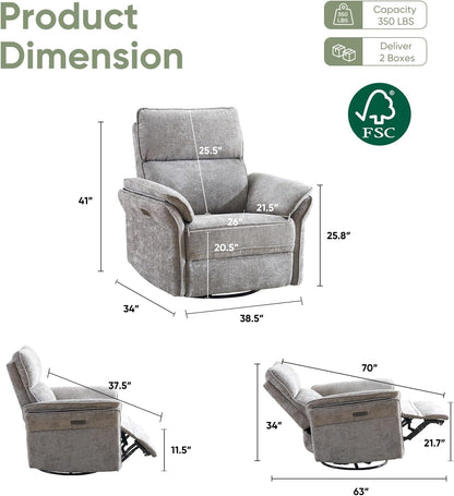 Oversized Glider Rocker Recliner, 26" Extra Wide 360° Swivel Nursery Recliner with Adjustable Headrest, Chenille Rocking Nursery Chair with Overstuffed Armrest, Lumbar Support, Light Grey