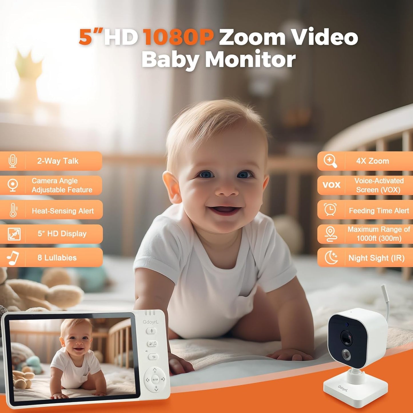 Wireless Baby Car Camera with 5-inch HD 1080P IPS, USB-Powered 360° Rotating Rear Seat Monitor (1000 ft)Auto/Manual Night Vision & VOX Mode, HD Display for Car Backseat Home Baby Pet (White A)