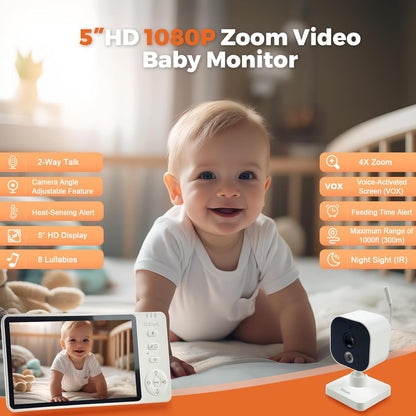 Wireless Baby Car Camera with 5-inch HD 1080P IPS, USB-Powered 360° Rotating Rear Seat Monitor (1000 ft)Auto/Manual Night Vision & VOX Mode, HD Display for Car Backseat Home Baby Pet (White A)