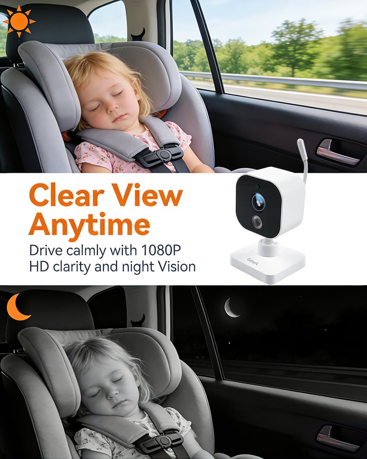 Wireless Baby Car Camera with 5-inch HD 1080P IPS, USB-Powered 360° Rotating Rear Seat Monitor (1000 ft)Auto/Manual Night Vision & VOX Mode, HD Display for Car Backseat Home Baby Pet (White A)