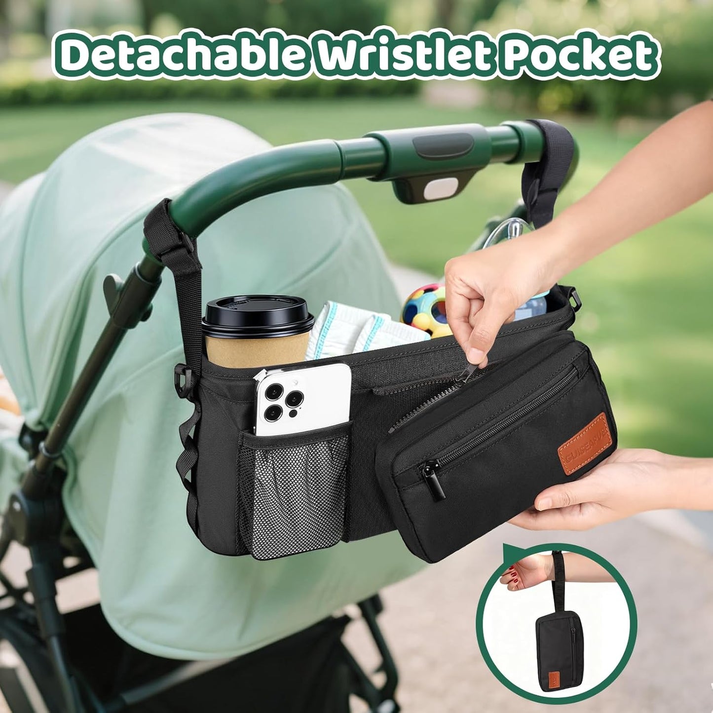 Guiseapue Universal Stroller Organizer with Cup Holder: Stroller Caddy Accessories with Detachable Phone Bag Fit for Uppababy, Non-Slip Straps, Walker Accessories, First Mothers Day Gifts for New Mom