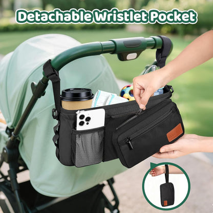 Guiseapue Universal Stroller Organizer with Cup Holder: Stroller Caddy Accessories with Detachable Phone Bag Fit for Uppababy, Non-Slip Straps, Walker Accessories, First Mothers Day Gifts for New Mom