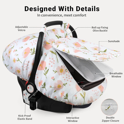 Elstey Car Seat Cover Baby, Minky Dot Carseat Covers Baby Girls, Lightweight Infant Car Seat Cover Canopy with 2 Layers Breathable Mesh Windows, Stroller Carrier for Babies Newborn Essentials