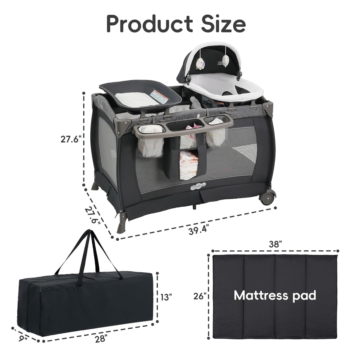 Pamo Babe Pack and Play with Bassinet Baby Playpen Foldable Playard with Changing Table Portable 4 in 1 Baby Playard