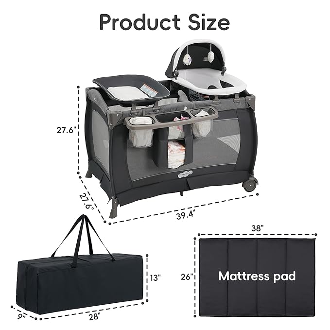 Pamo Babe Pack and Play 4 in 1 Playard Portable Playard Foldable Playpen for Baby and Toddler Portable Crib Mattress Diaper Changer for Newborn (Grey)
