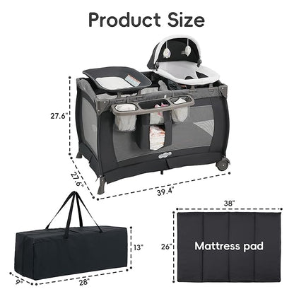 Pamo Babe Pack and Play 4 in 1 Playard Portable Playard Foldable Playpen for Baby and Toddler Portable Crib Mattress Diaper Changer for Newborn (Grey)