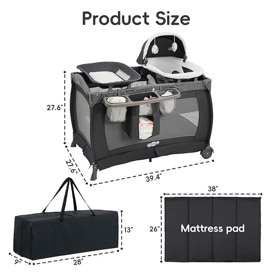 Pamo Babe Pack and Play 4 in 1 Playard Portable Playard Foldable Playpen for Baby and Toddler Portable Crib Mattress Diaper Changer for Newborn (Grey)