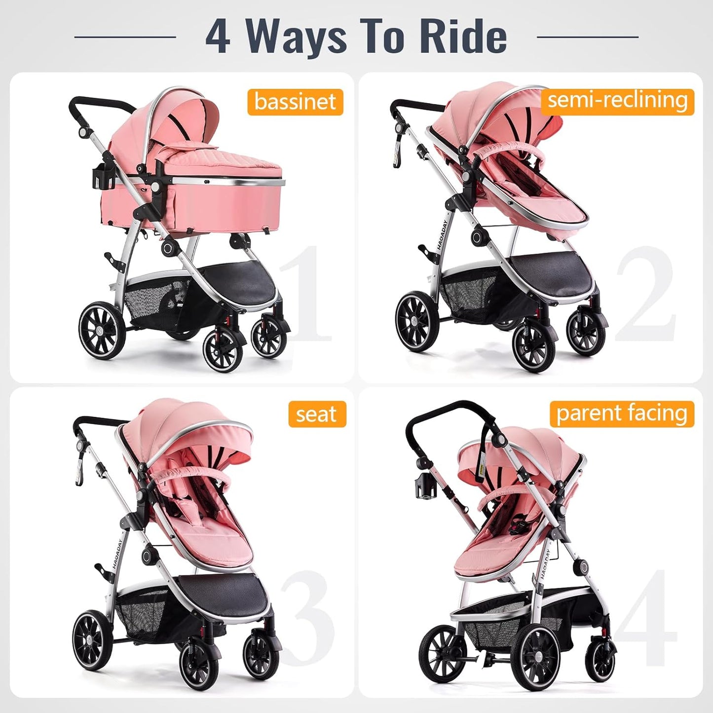Baby Stroller, 2-in-1 Reversible Toddler Seat with Lie-Flat Mode, Foldable Infant Stroller with Canopy, One Button Brake, Adjustable Handle, Newborn Pushchair (Black B)