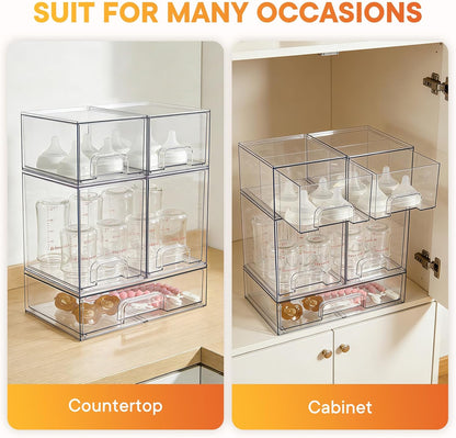 Baby Bottle Organizer, 4 Pack Clear Space-Saving Stackable Drawer with Handle, Baby Bottle Storage Organizer for Countertop and Cabinet