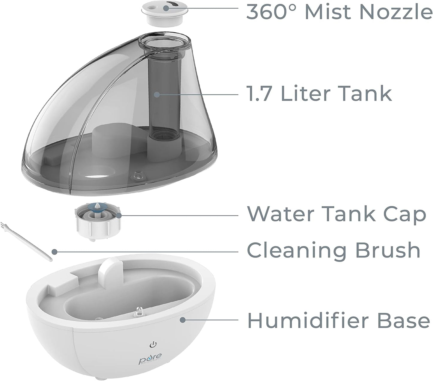Pure Enrichment MistAire Silver Ultrasonic Cool Mist Humidifier for Bedroom, Office, Nursery & Indoor Plants - Lasts Up to 25 Hours, Whisper-Quiet Operation, Optional Night Light, & Auto Shut-Off
