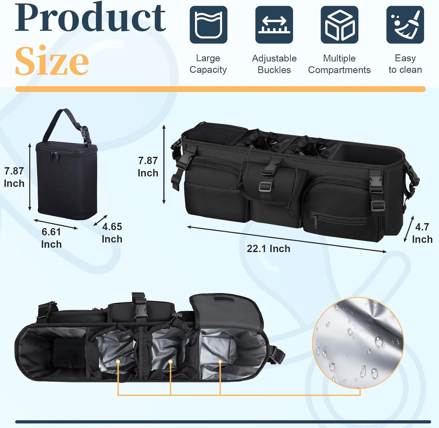 GDNasist Double Stroller Organizer Compatible with Bob Duallie and Baby Jogger City Mini GT2, Double Baby Stroller Accessories with Cooler Bag, Parent Console Double Jogging Stroller Caddy, Black
