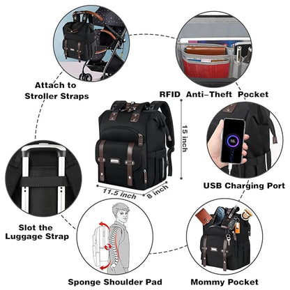 Jiefeike Diaper Bag Backpack, Baby Boys Girls Portable Baby Nappy Bags, Dad Mom Backpack Diaper Bag with Insulated Pockets RFID Anti-Theft Water-Resistant Pocket Stroller Straps