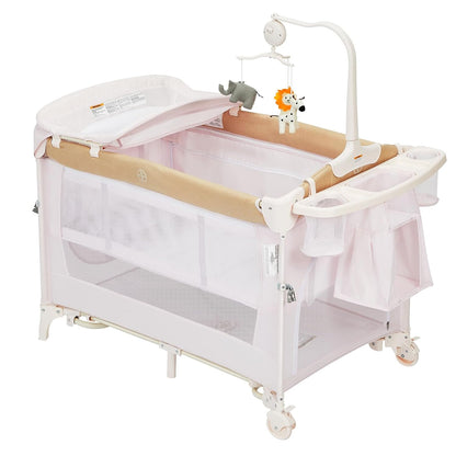 4 in 1 Baby Playard, Portable Bedside Crib with Rocking Bassinet & Diaper Changer, Infant Pack and Play with Mattress, Large Toddler Playpen, Newborn Changing Table, Storage Pocket & Rotating Toy Bar
