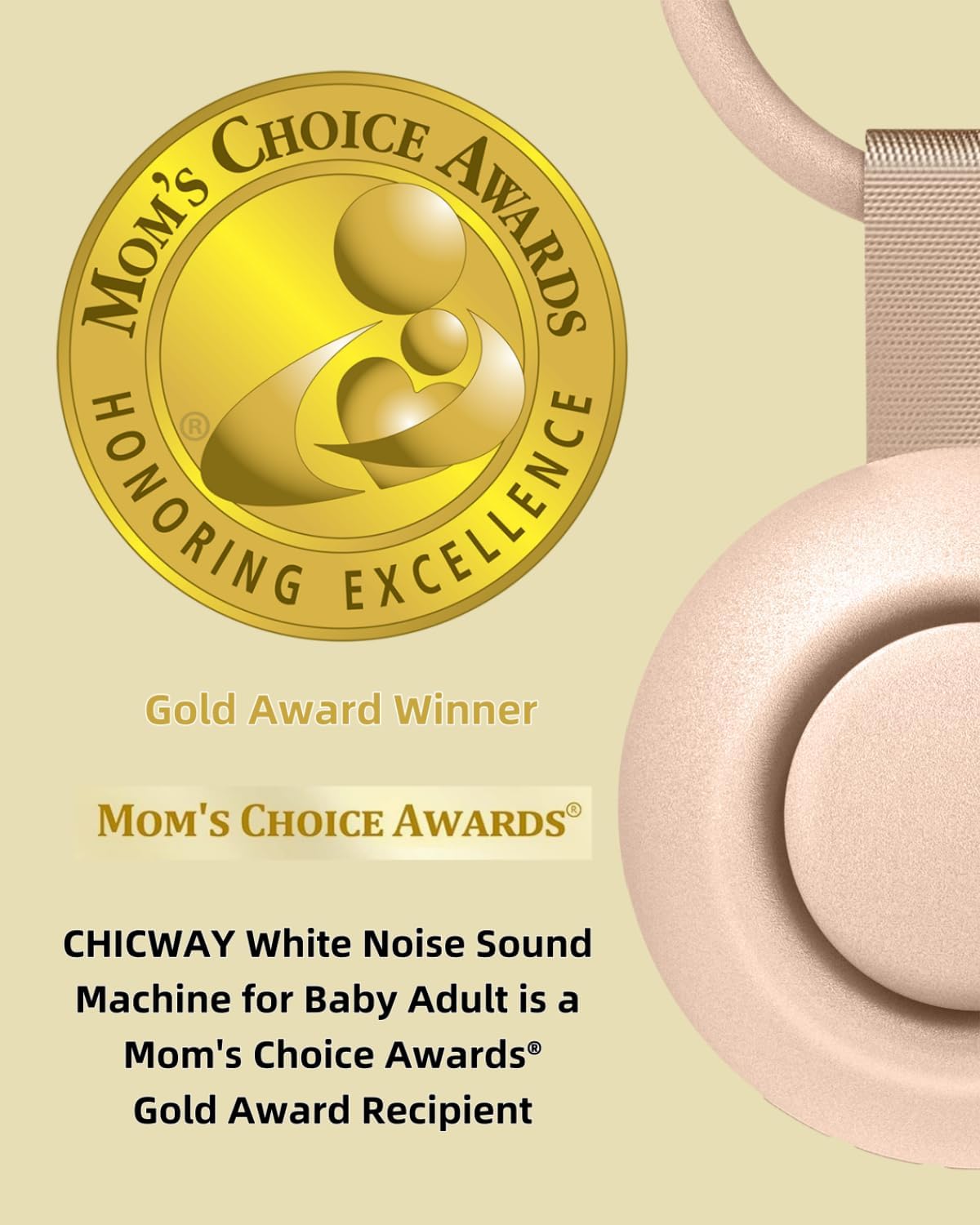 CHICWAY 2026 Mom's Choice Awards, Portable Sound Machine for Baby Adult, AI Cry Detection, 18 Soothing Sound, Bluetooth Rechargeable White Noise Machine for Home Office Travel, Nursery Light, Gray