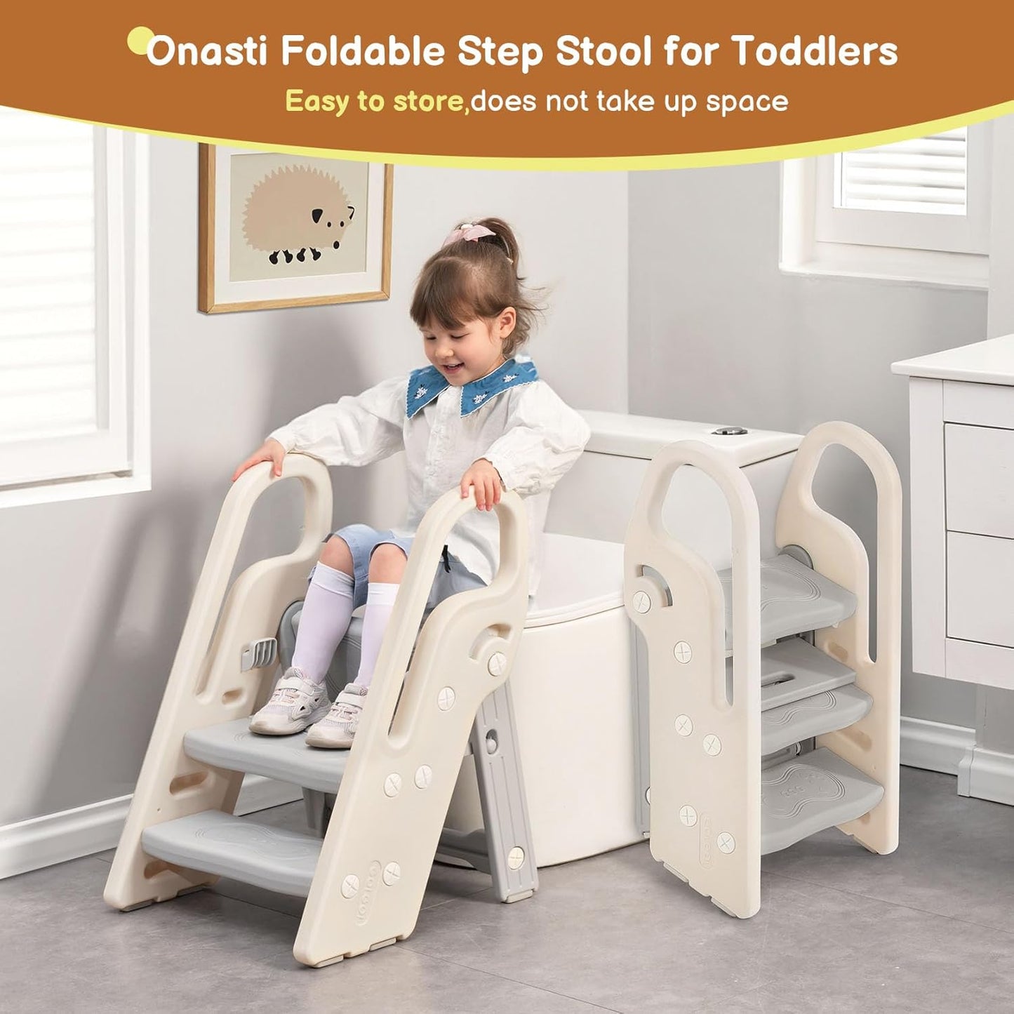 Onasti Foldable Toddler Step Stool for Bathroom Sink, Adjustable 3 Step Stool for Kids Toilet Potty Training Stool with Handles, Child Kitchen Counter Stool Helper, Plastic Ladder for Toddlers Pink