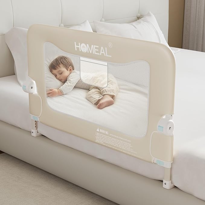 HOMEAL Bed Rail for Toddlers, 32in Swing Down Toddler Bed Rails with U-Shape Base, Foldable Baby Bed Rail Guard, Twin Size, Full Size, Queen Size, King Size Beds, Bed Rail for Baby, Beige